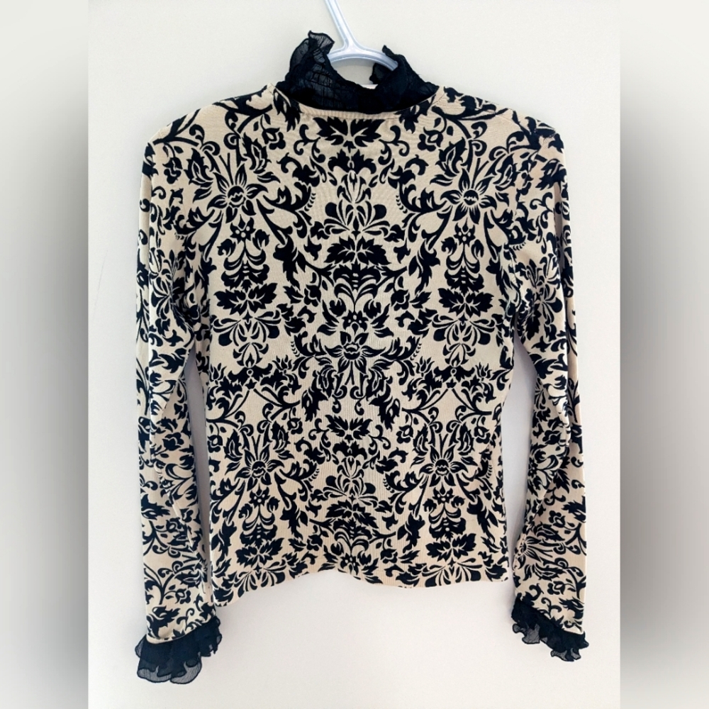 Vintage Silk Blend Top Floral Pattern Cream & Black With Ruffles Size S/M